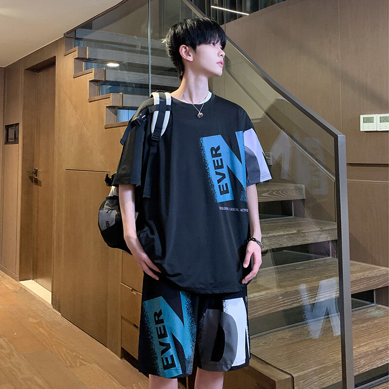 2pcs Summer Sets Men Printing T-shirt Shorts Casual Thin Loose Basketball Train Suit Korean Style Hip Hop Outfit Man Black White