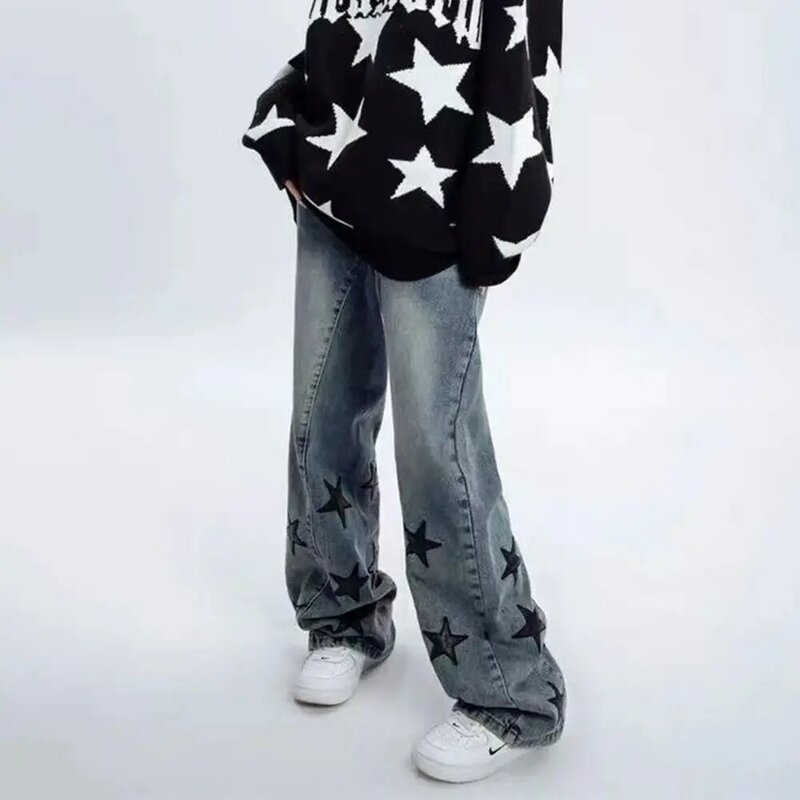 Harajuku Hip Hop Star ricamo Jeans Oversize uomo Punk gotico dritto gamba larga pantaloni Streetwear Skateboard