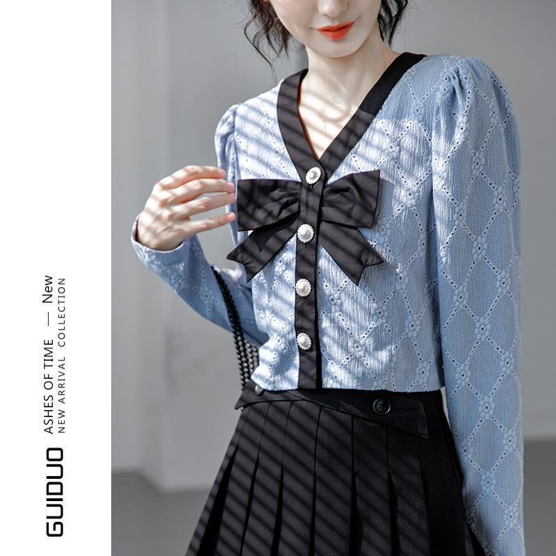 Camisa corta con cuello en V para mujer, camisa de manga larga con lazo, estilo francés, para principios de otoño, 2021