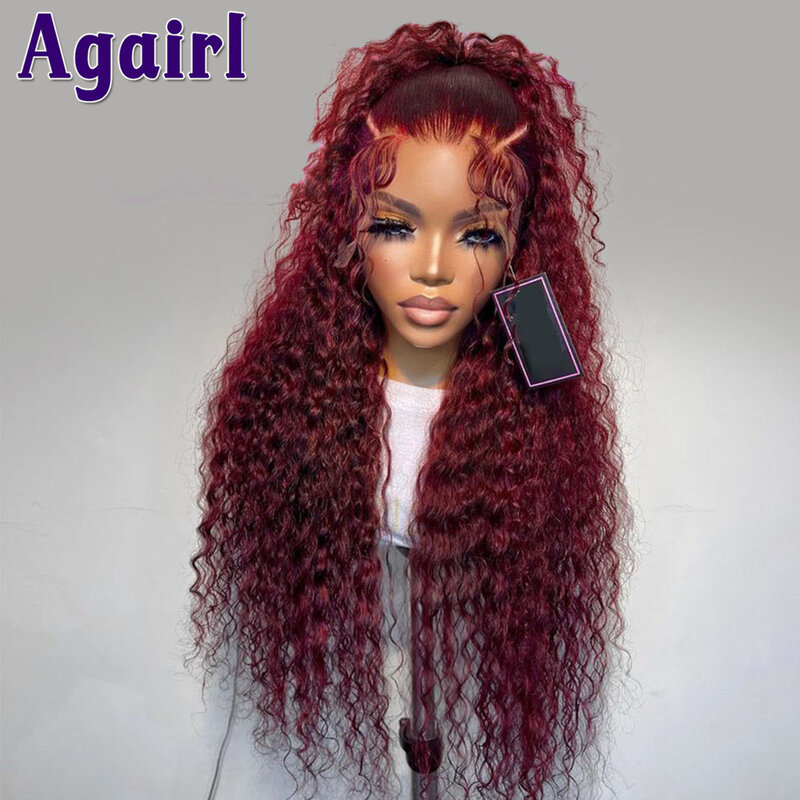 99J Wig tanpa lem merah tua Wig rambut manusia keriting merah marun Wig 13X4 13X6 Lace Frontal Wig Brasil gelombang air 6X4 penutupan