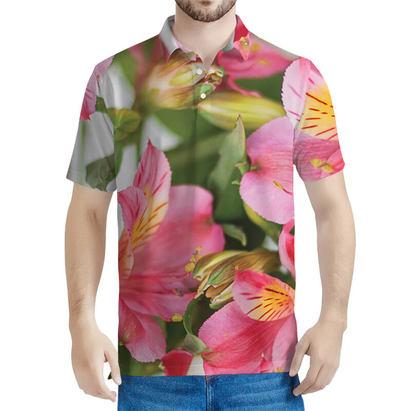 Alstroemeria-Polo de flores con estampado 3d para hombre y mujer, camisetas con solapa Floral, Polo holgado con botones, camisetas informales de manga corta para verano