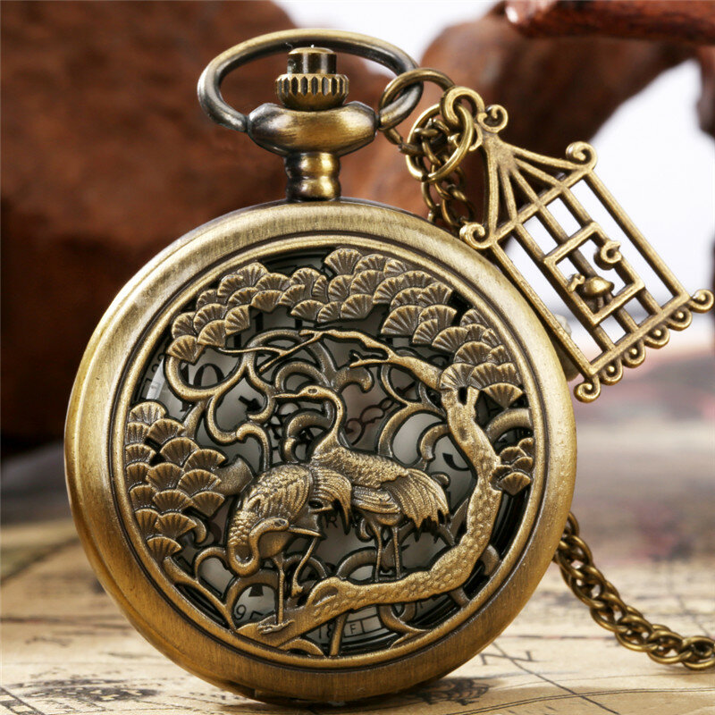 Relógio de bolso de guindaste oco bronze para homens e mulheres, movimento de quartzo com gaiola pendente, relógio meio caçador com corrente, presente