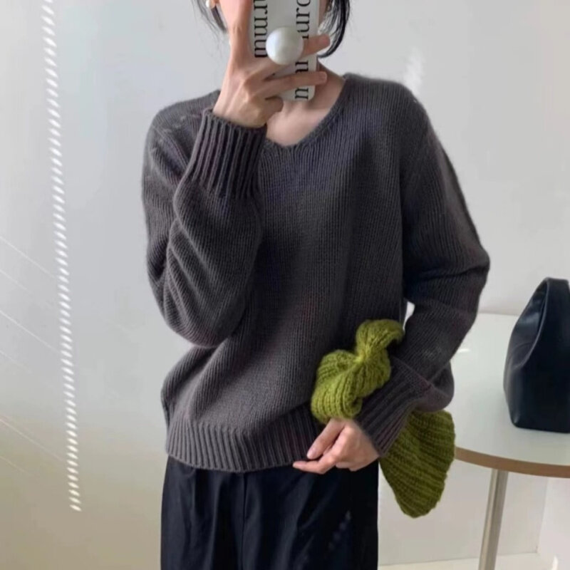 여성 브이넥 긴팔 루즈핏 스웨터, 한국 패션, 다용도 단색 상의, 레이지 스타일, 2023 가을 겨울