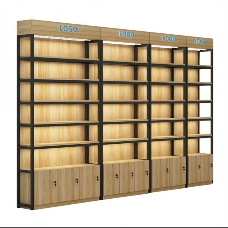 Prateleira de madeira com iluminação LED, Retail Store Wall Shelves, alta qualidade, personalizado