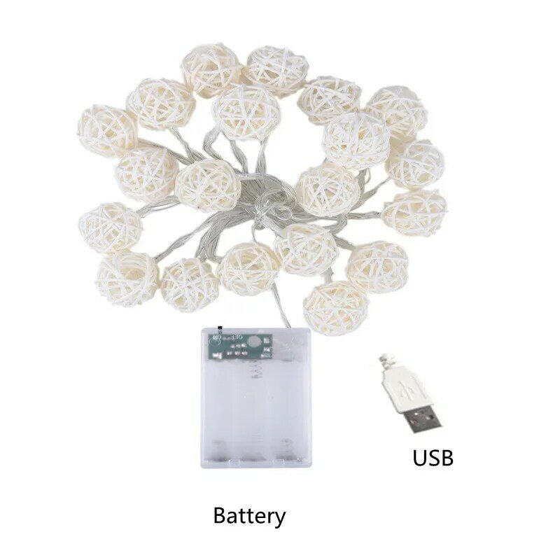 USB/배터리 작동 3M/5M LED 패어리 스트링 라이트, 등나무 공 조명, 실내 Led 크리스마스 웨딩 파티 룸 화환 장식