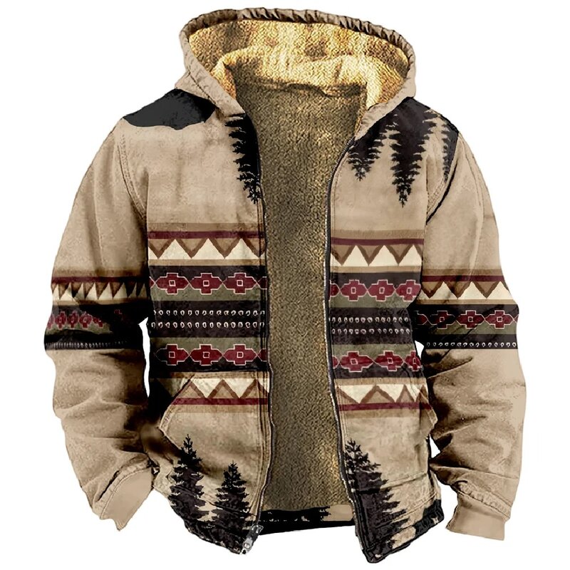เสื้อฮู้ดลายชนเผ่าเสื้อมีซิปแขนยาวเสื้อโค้ทคอตั้งแนววินเทจสำหรับใส่ได้ทุกวันเสื้อผ้าฤดูหนาว2024