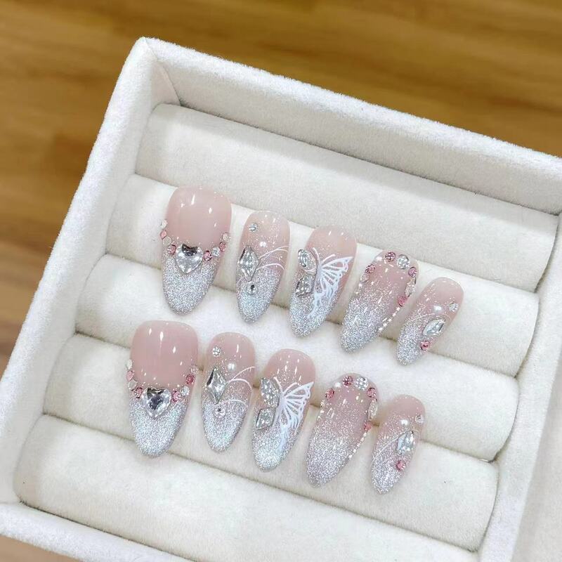 10 Stück rosa Ballett handgemachte Presse auf Nägeln volle Abdeckung Katzenauge Strass Design gefälschte Nagel künstliche Maniküre tragbare Nagels pitzen