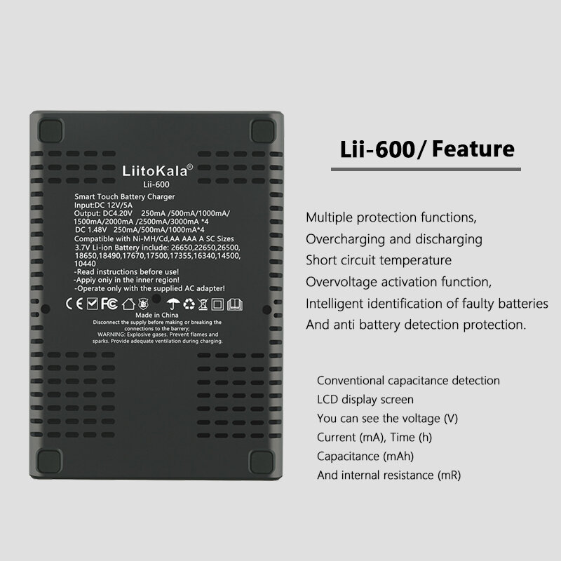 Зарядное устройство LiitoKala для батарей li-ion 3,7 V и NiMH 1,2 V, подходит для батарей 18650 26650 21700 26700 AA AAA 12V5A