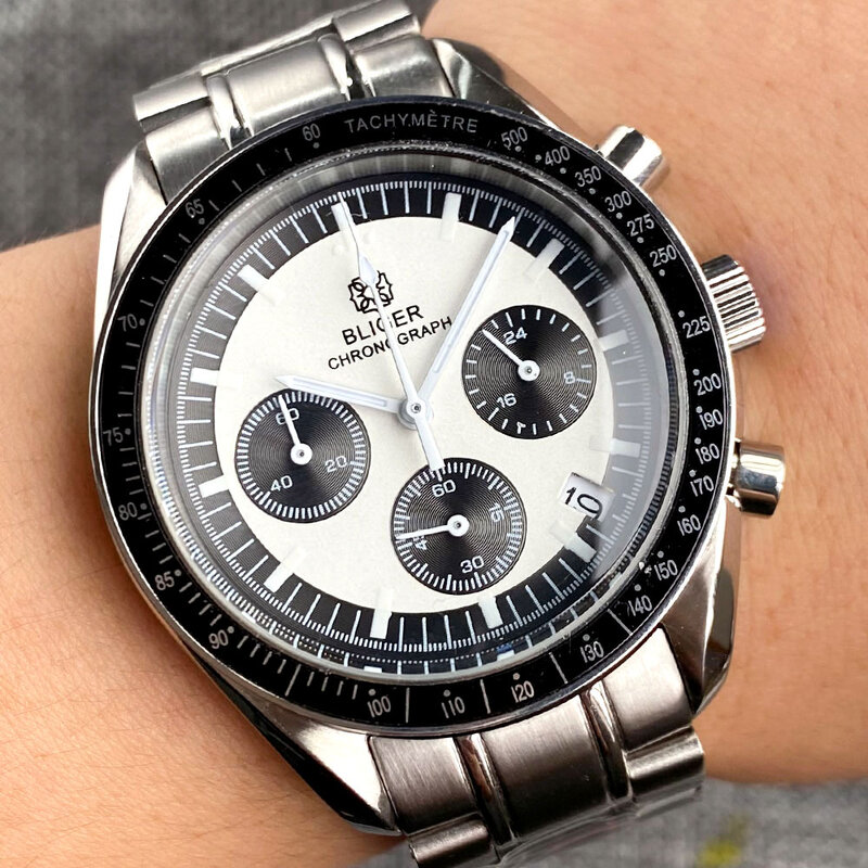 Japão VK63 aço esporte lua cronógrafo relógio de quartzo para homens, três olhos, pulseira waffle, relógio de negócios, cinza verde, velocidade