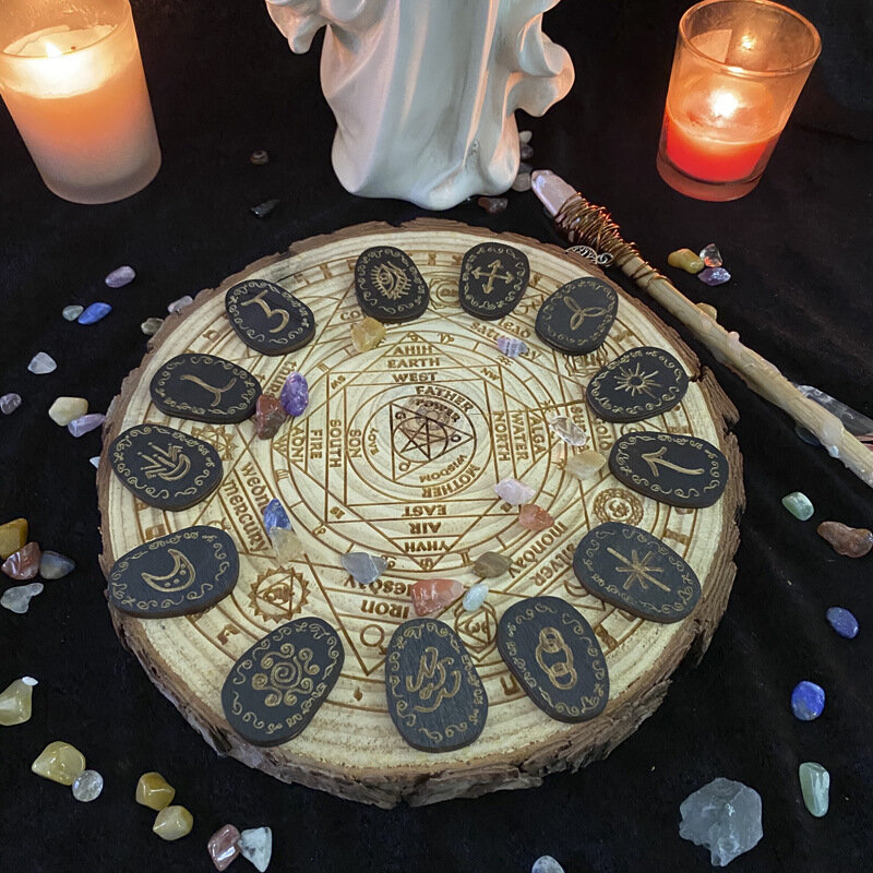 Tarocchi carte strega stregoneria legno Rune pietra Set streghe Rune Set gioco da tavolo gioco da tavolo divinazione Runestones mazzi di tarocchi 14 pezzi