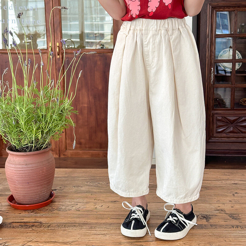 Celana panjang anak perempuan, celana kasual warna polos ringan dan tipis anak-anak katun longgar lurus 2-8 tahun musim panas