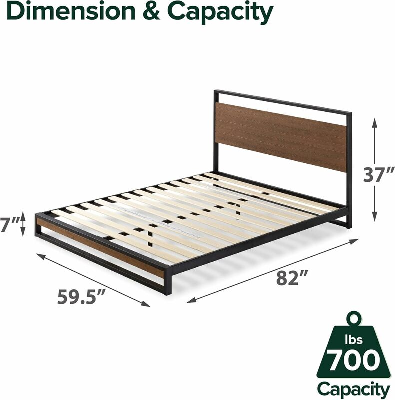 Cadre de lit à plateforme en bambou et métal, construction en acier massif, sans boîte à ressort, support de latte, facile à assembler, 37 po