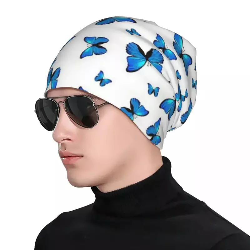 남녀공용 블루 나비 프린트 성인 비니 모자, 뜨게 보넷 모자, 따뜻한 패션, 가을 겨울 야외 해골 모자