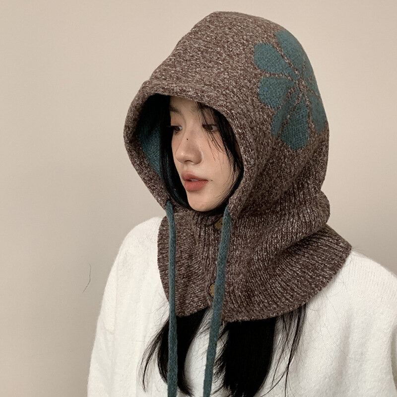Fashion Korean Style Versatile Flower Hat For Women Winter Warm Neck Scarf Couple Style Ear Protection Woolen Knitted Hats