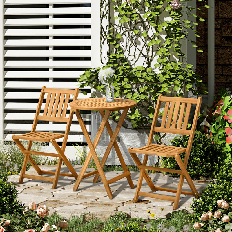 Outsunny-Ensemble de bistrot en bois d'acacia, meuble pliant avec 2 chaises pliantes et table basse ronde, teck, aileron à lattes, 3 pièces