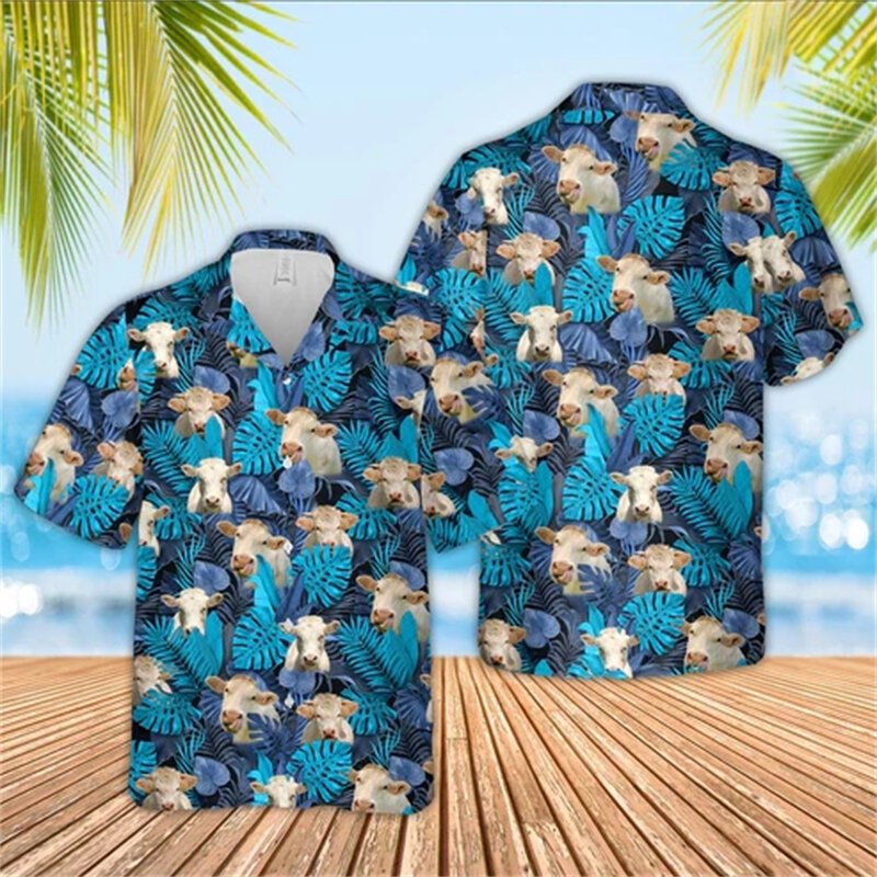 男性用の半袖Tシャツ,かわいい花の牛のプリントが施されたビーチウェア,動物と羊のブラウス,半袖の服
