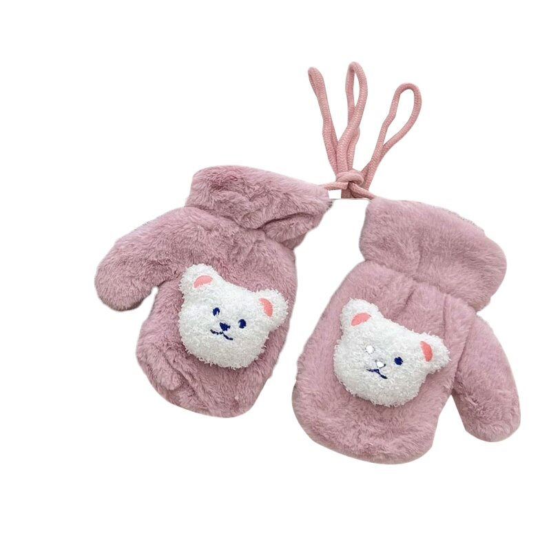 3-8 Years Children's Gloves Winter Thicken Furry Baby Mittens Cute Cartoon Bear Fleece Lined Boys Girls Outdoor Windproof Gloves