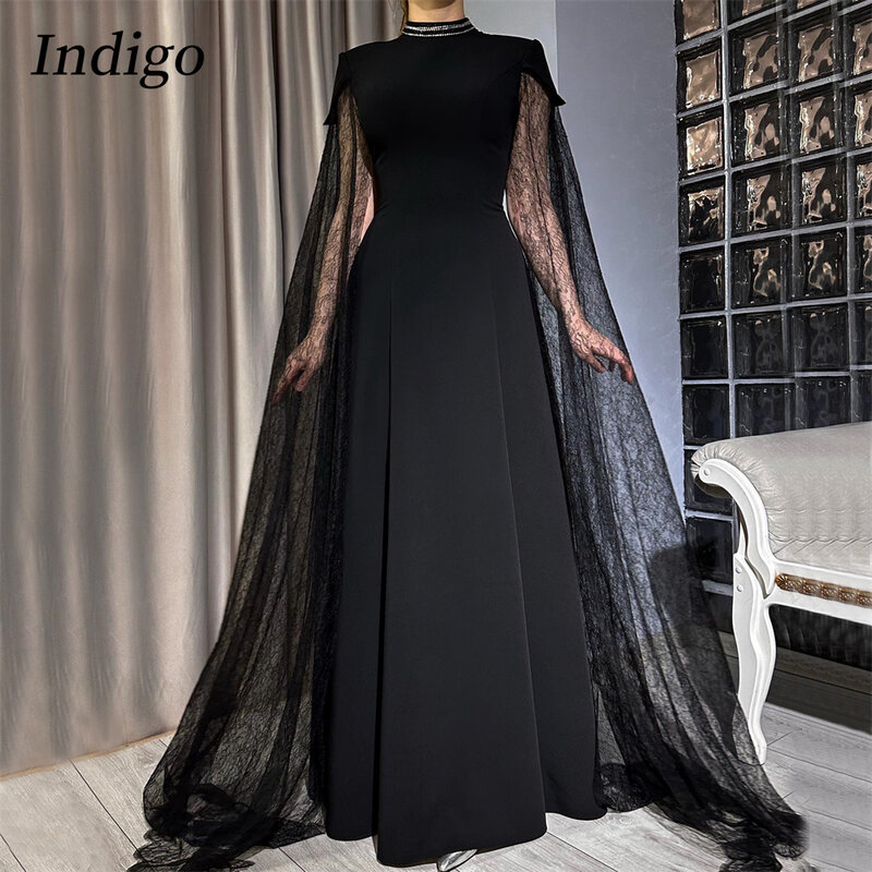 Платье цвета индиго с высоким воротником, длиной до пола, черное платье для женщин, ТРАПЕЦИЕВИДНОЕ, кружевное, с длинными рукавами, для торжественных случаев