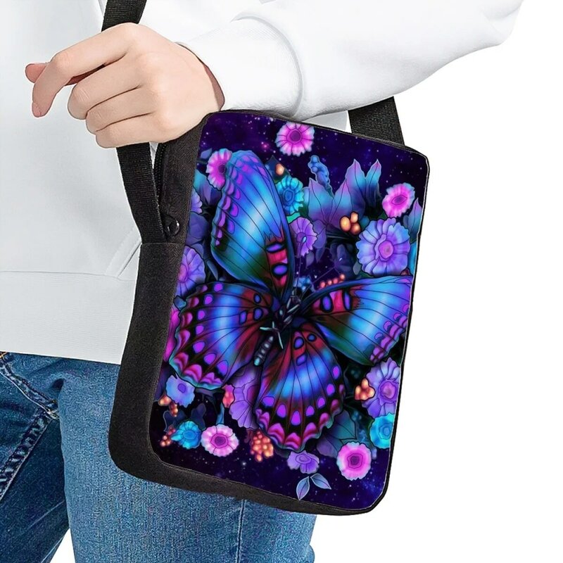 Bolsa de ombro casual de pequena capacidade para crianças, estampa padrão borboleta, bolsa mensageiro para senhoras, moda artística