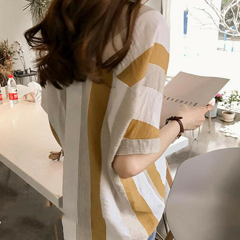 Korean Casual V-Neck Patchwork Striped Blouses Oversize Half Sleeve Basics Button Shirt Ladies Summer Loose Women's Clothing