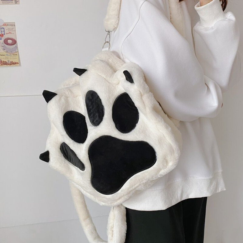 Mochila de felpa con garra de gato para niña, bolso cruzado versátil de dibujos animados japoneses, Kawaii, esponjoso, almacenamiento de hombro, bolsas escolares, regalo