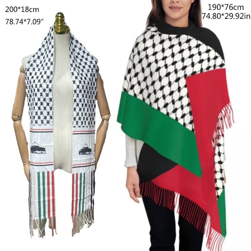 大人用ユニセックスパレスチナスカーフ冬用防風祈りスカーフロングタッセル付き