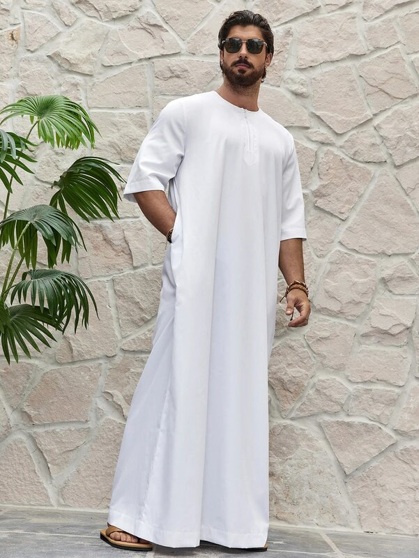 Homens com cores bloqueadas Thobe Tradicional, roupas masculinas muçulmanas, vestido longo, robe de camisa, moda do Oriente Médio, Islã Ramadã