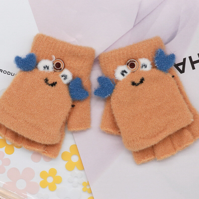 Детские зимние перчатки, милые утепленные Мультяшные перчатки с откидной крышкой для маленьких мальчиков и девочек, вязаные шерстяные теплые детские варежки с пальцами