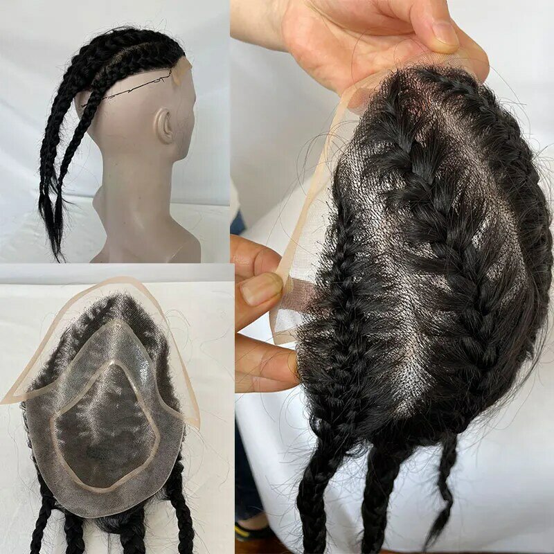 Коричневый мужской парик четыре косы известные как Двойные косы мужские парикмахерские 100% человеческие волосы моно-основа с системой искусственных волос для мужчин