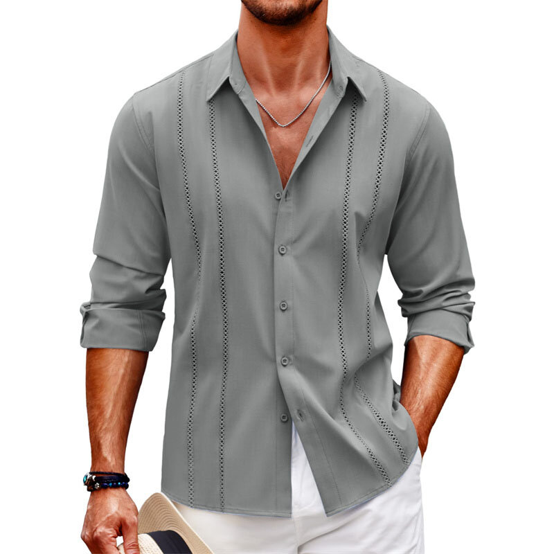 Simpel kemeja lengan panjang pria, baju pantai linen kancing lengan panjang warna solid ukuran besar nyaman