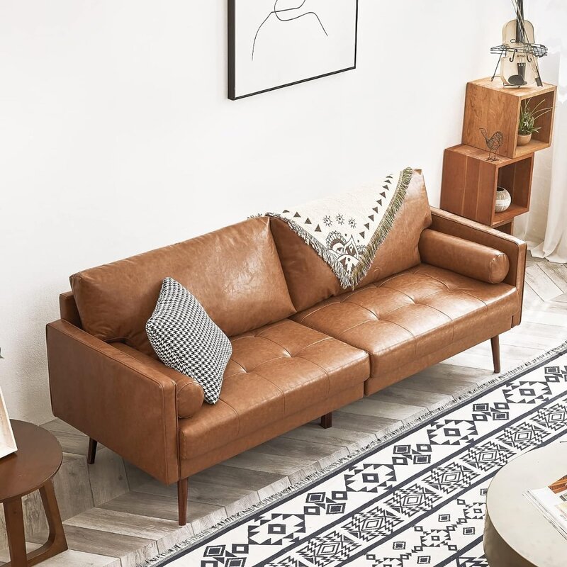 Sofa kulit imitasi, Sofa setengah abad 73 inci, 3 tempat duduk, Sofa kulit dengan jahitan tangan, bantal nyaman dan Bantal Guling