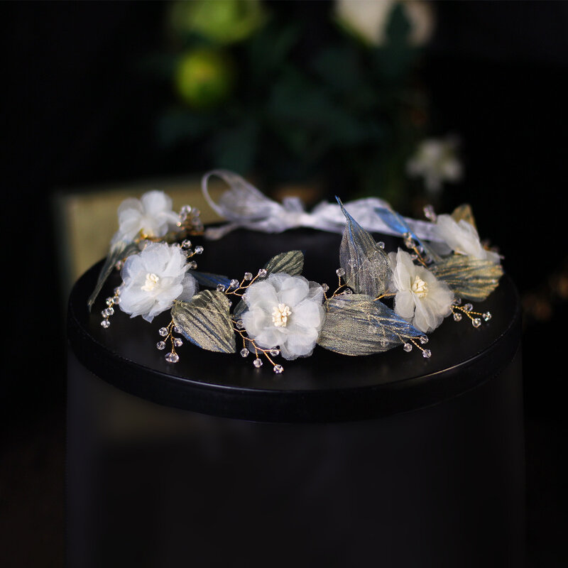 Symphony Green Leaf Bridal Hair Accessories-White Forest Sweet Flower Wedding Headband Accessories Wedding