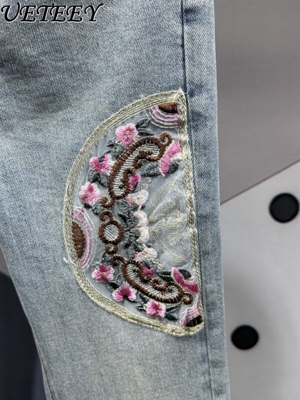 Chinese Style Embroidery Patch Tight Stretch Flare Pants Women's European Goods Spring New High Waist Slimming Denim Trousers