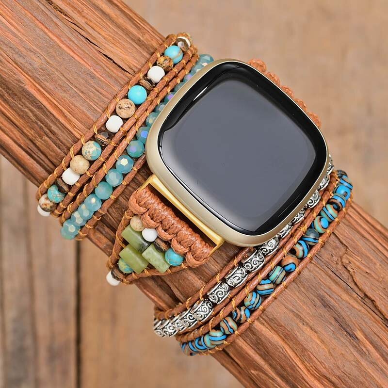 Correa de pulsera con cuentas de piedras preciosas naturales para Fitbit Versa 1 2 3 4, correa de reloj Bohemia tejida para Fitbit Sense/Sense 2