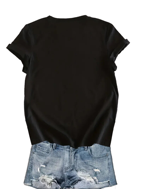 Camiseta de strass de manga curta feminina, gola redonda, elástica, solta, casual, tops pretos, plus size, primavera, moda verão, 2024