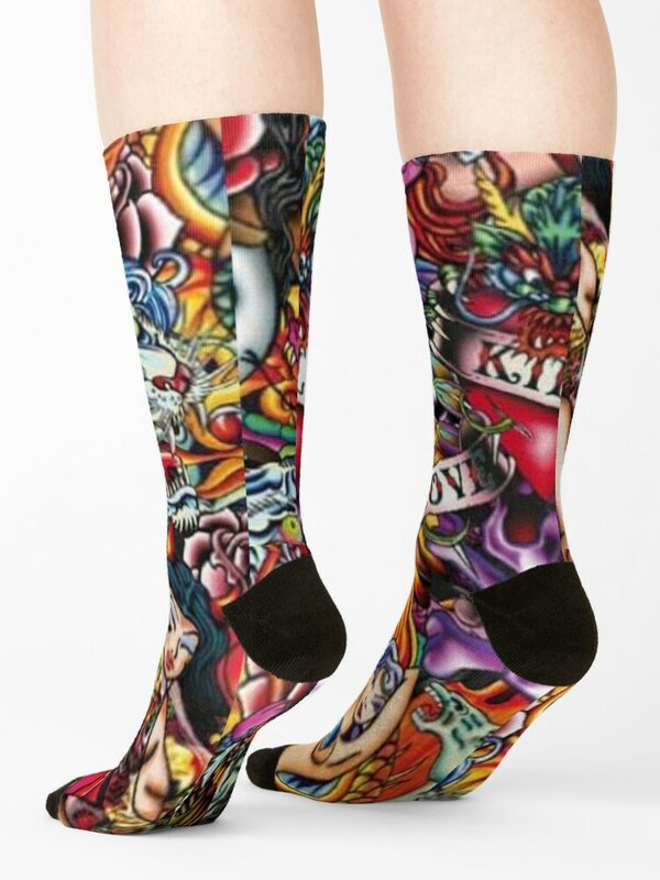 Calcetines de collage de Arte de tatuaje para hombres y mujeres, ideas de regalo de San Valentín, algodón, invierno, moda