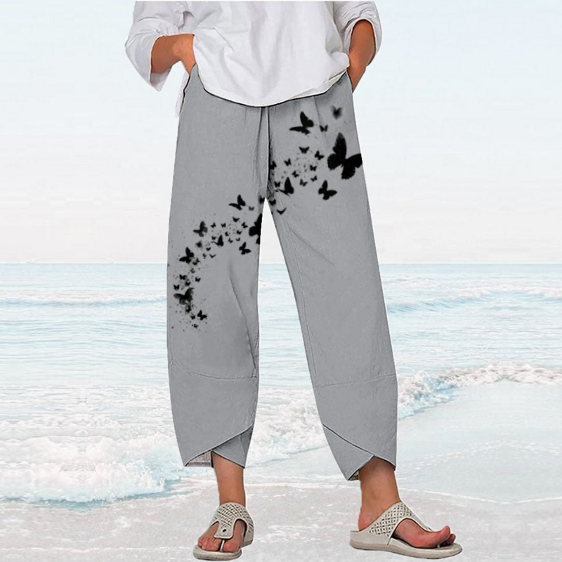 Calças retrô com estampa borboleta para mulheres Y2K Streetwear, calças de praia moletom solto, corredores, calças capri, roupas de verão