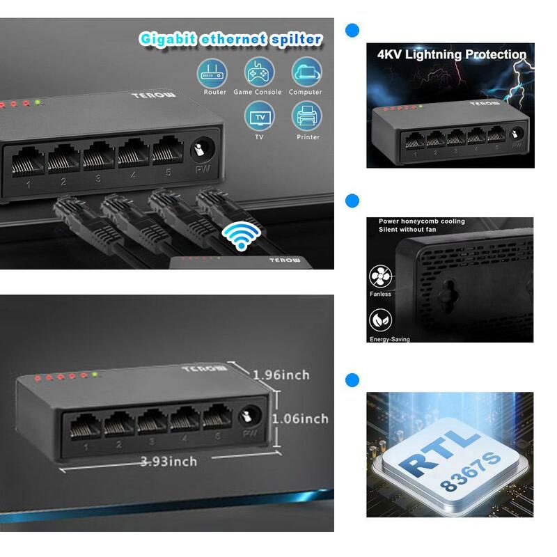TEROW saklar Gigabit 5 Port 100Mbps atau 1000Mbps jaringan 802.3AT/AF Ethernet RJ45 untuk IP kamera/AP nirkabel/pengawasan keamanan