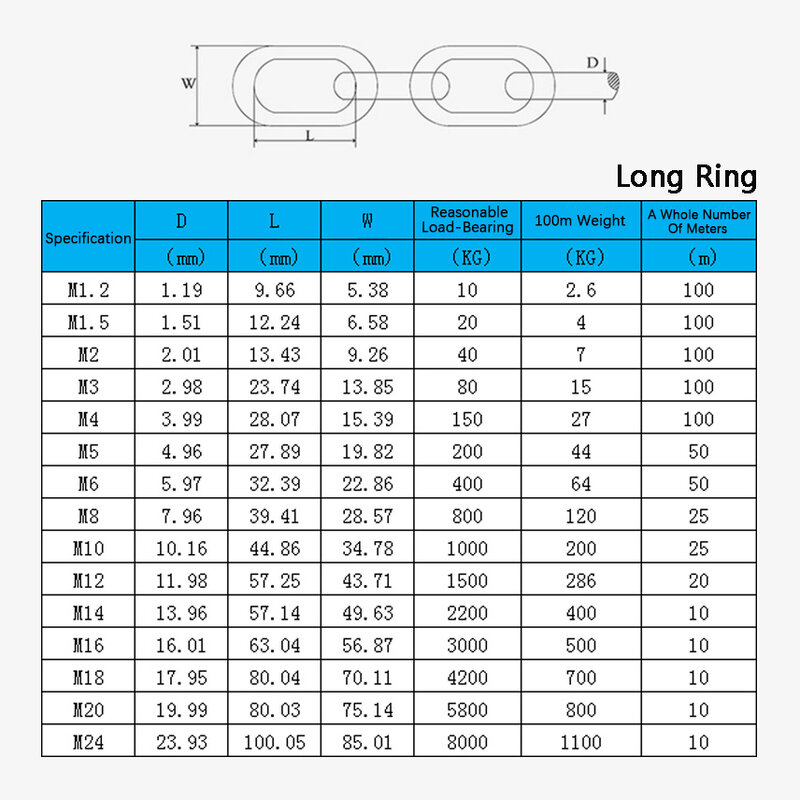 Cadeia de Levantamento, 1.2mm, 1.5mm, 2mm, 2.5mm, 3mm, 4mm, 5mm, 304 Aço Inoxidável Anti-Roubo, Anel Longo e Curto, 6 milímetros, 8 milímetros