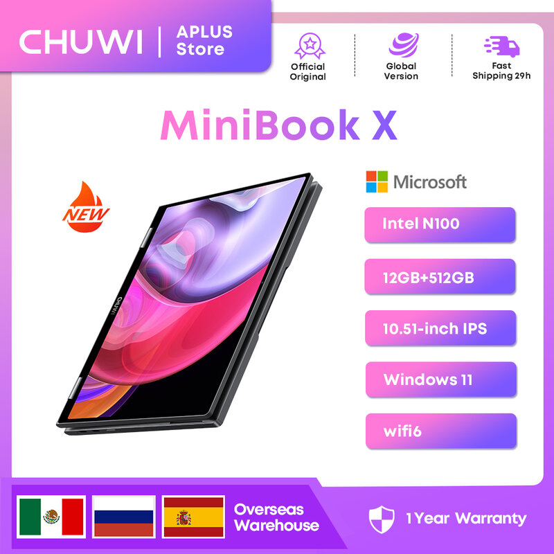 CHUWI MiniBook X Laptop Tablet 2 dalam 1, papan ketik lampu latar layar sentuh 512 inci Windows 11 WiFi 6 12GB LPDDR5 10.51G SSD Intel N100