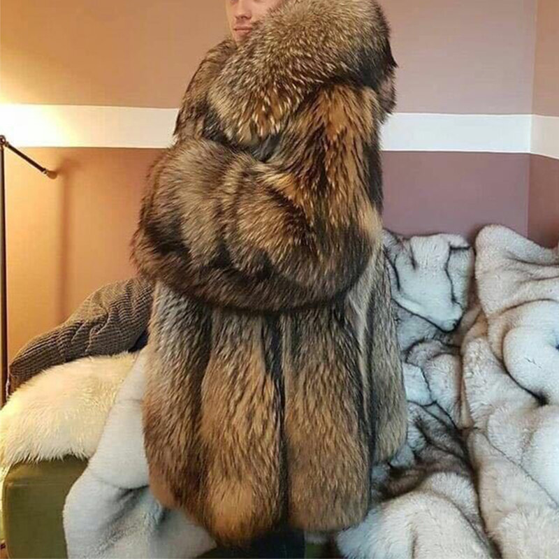 2022หนาเสื้อขนสัตว์ฤดูหนาวหรูหรา Raccoon ขนสัตว์เสื้อผู้ชาย Top หรูหรายาวขนสัตว์ Jacket Oversize