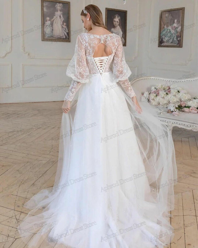 Vestido de casamento ilusão a linha, vestidos de noiva vintage, apliques de renda, até o chão, vestes glamorosas para noivas