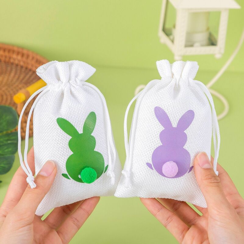 ISKYBOB 10*15 cm Easter Package Gift Bag Bunny Faux Hemp Easter Cute Rabbit Drawstring Bag Party Candy Cookie Packing Bags