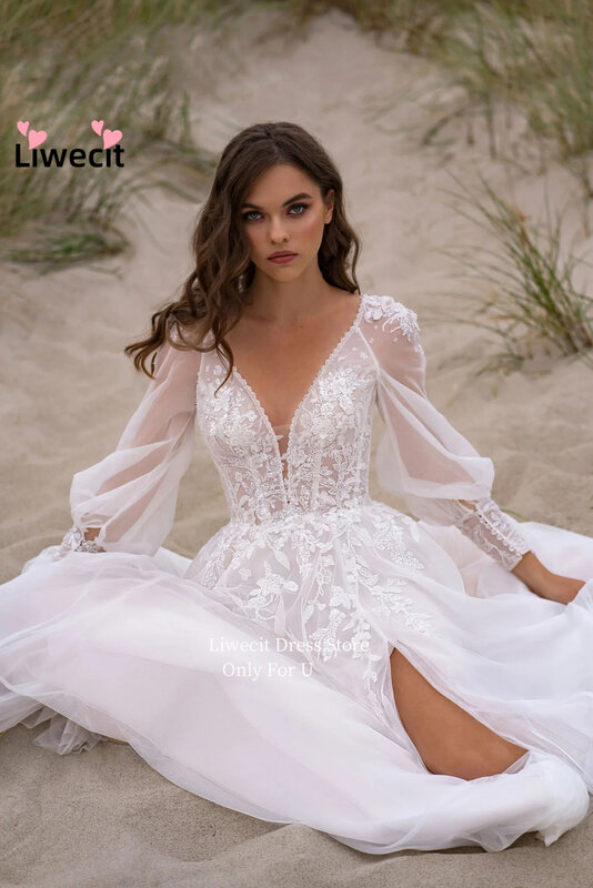 Liwecit Applikationen Split Brautkleid lange Ärmel V-Ausschnitt Sweep Tüll Brautkleider Perlen Kleider Vestidos de Novia