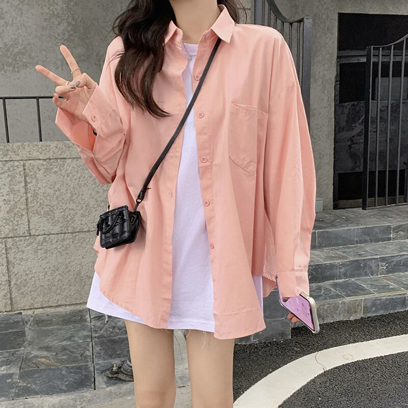 2022 nova moda cor sólida bolso único-breasted blusa feminina manga longa gola polo solto coreano all-match lady camisa