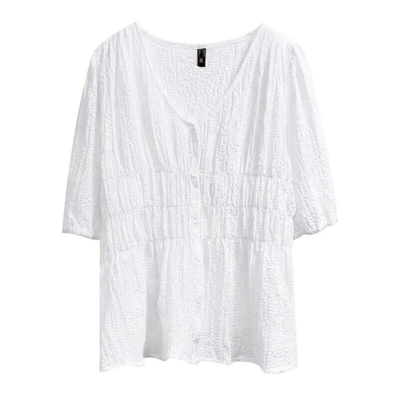Большого размера, пухлая летняя новая рубашка с V-образным вырезом, просторная и стройнящая рубашка большого размера для женщин, 3226