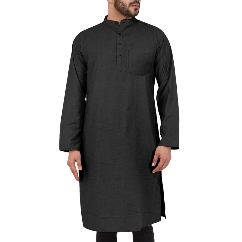 Bata informal de manga larga para hombre, camisa holgada con bolsillo, color liso, cómoda, para el hogar, Arabia musulmana, 2024