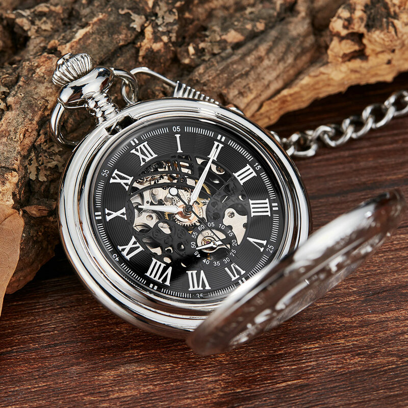 Jam tangan mekanis antik perak jam tangan saku biru angka Romawi jam tangan Flip mekanis jam Pria dengan rantai Fob