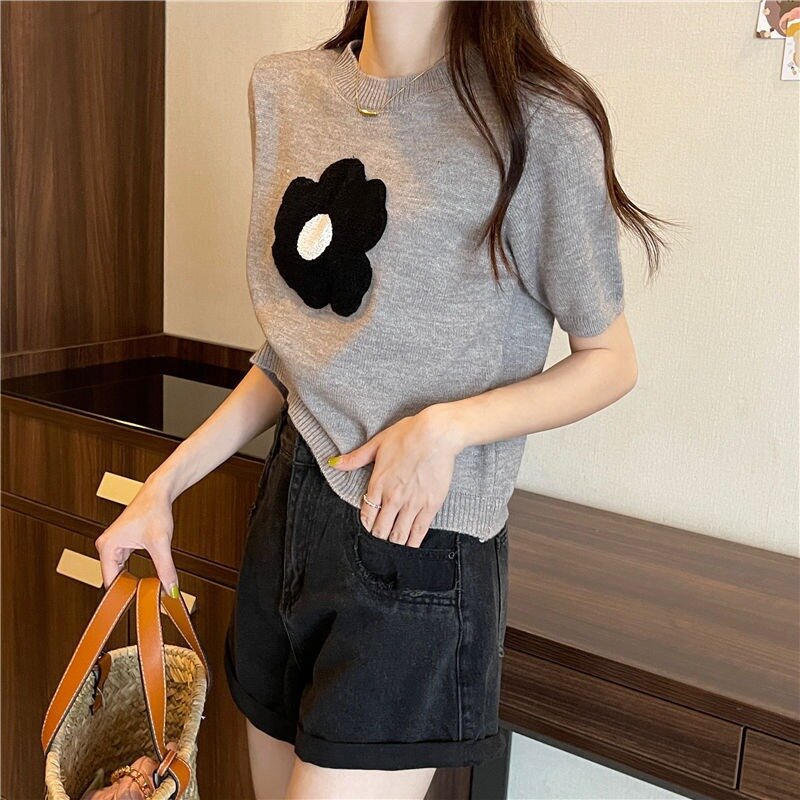 Floral Pullovers Women Summer Girls Simple Versatile Leisure Korean Fashion O-neck Baggy Sweet Cute Prevalent Trendy Lazy Style