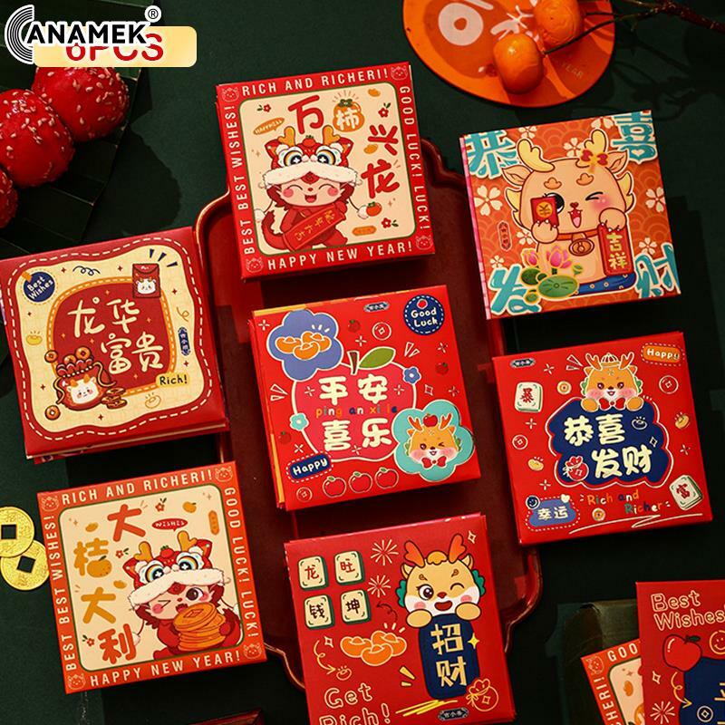 6 buah 2024 tahun gaya Cina paket Tahun Baru merah dompet pola naga lucu kertas hadiah tas uang keberuntungan dekorasi amplop Tiongkok